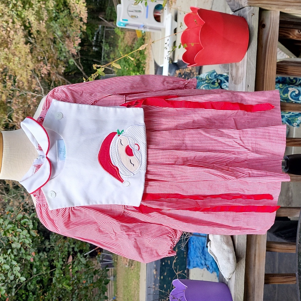 Red & white checkered dress, flower embroidery, wh Collar, Santa pinafore, sz 2T